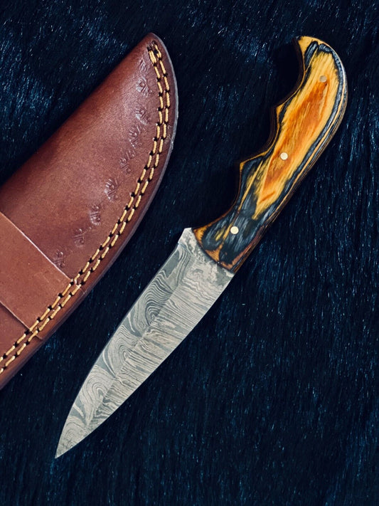 Heritage Forge 8.5 Inch Fire Damascus Skinner Knife with Wood Handle