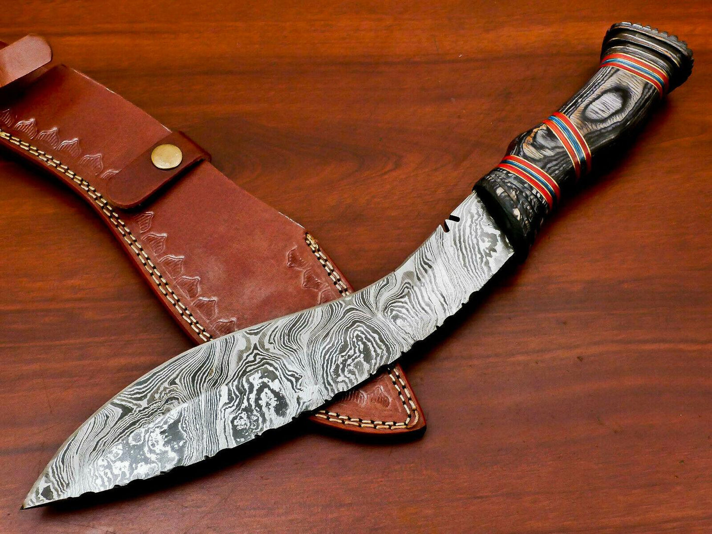 15" Handmade Damascus Khukri Bowie – Hand Carved Wood Handle & Leather Sheath