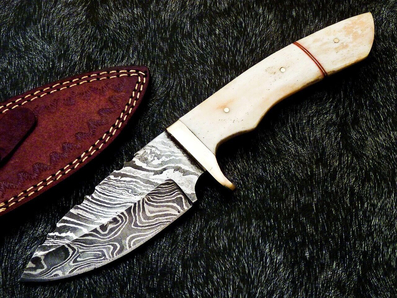 Heritage Forge 10 Inch Damascus Bowie Knife with Camel Bone Handle and Brass Bolster
