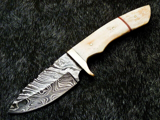 Heritage Forge 10 Inch Damascus Bowie Knife with Camel Bone Handle and Brass Bolster