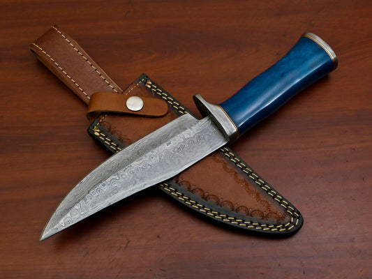 Heritage Forge Custom Damascus Bowie Knife with Stained Camel Bone Handle