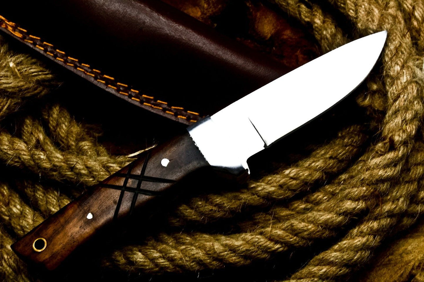 8" Handmade D2 Steel Skinner Knife | Wood Handle Full Tang Hunting EDC + Sheath