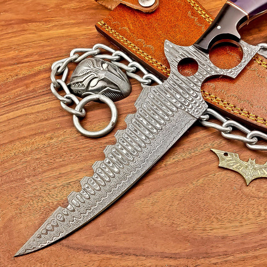 13 Inch Handmade Damascus Steel Bowie Knife with Resin Handle and Brass Pins