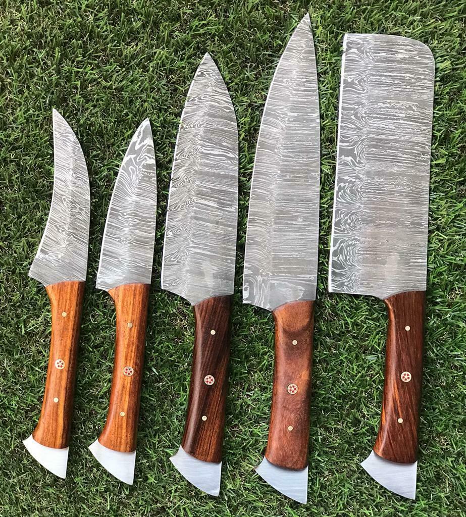 Custom Handmade Twist Damascus Steel Chef Knife Set – 5PC with Walnut Wood Handle
