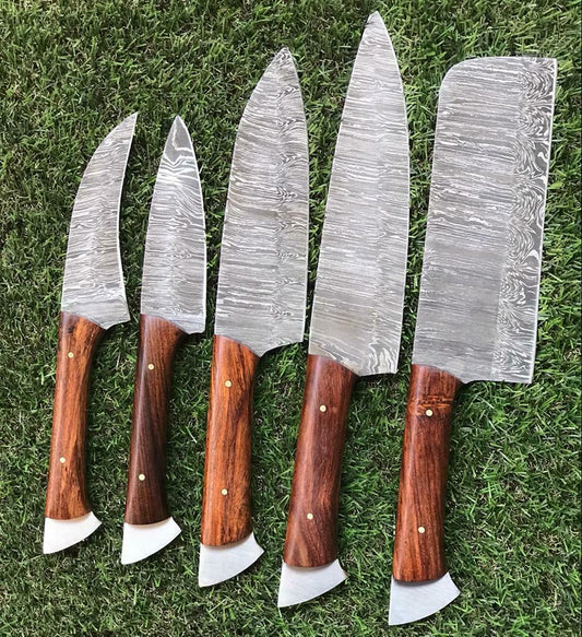 Custom Handmade Twist Damascus Steel Chef Knife Set – 5PC with Walnut Wood Handle
