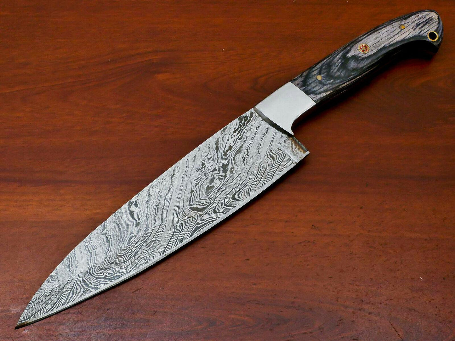 Handmade Damascus Chef Knife – Full Tang 12" with Hardwood Handle & Steel Bolster