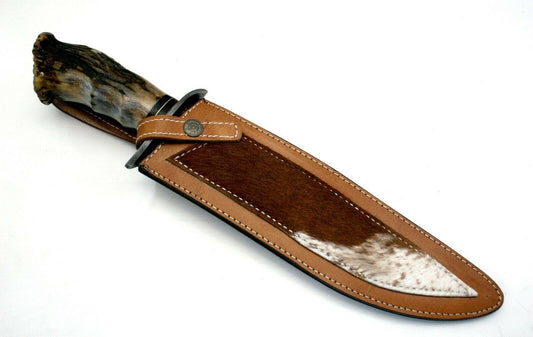15.6" Damascus Steel Bowie Knife – Stag Horn Handle with Leather Sheath