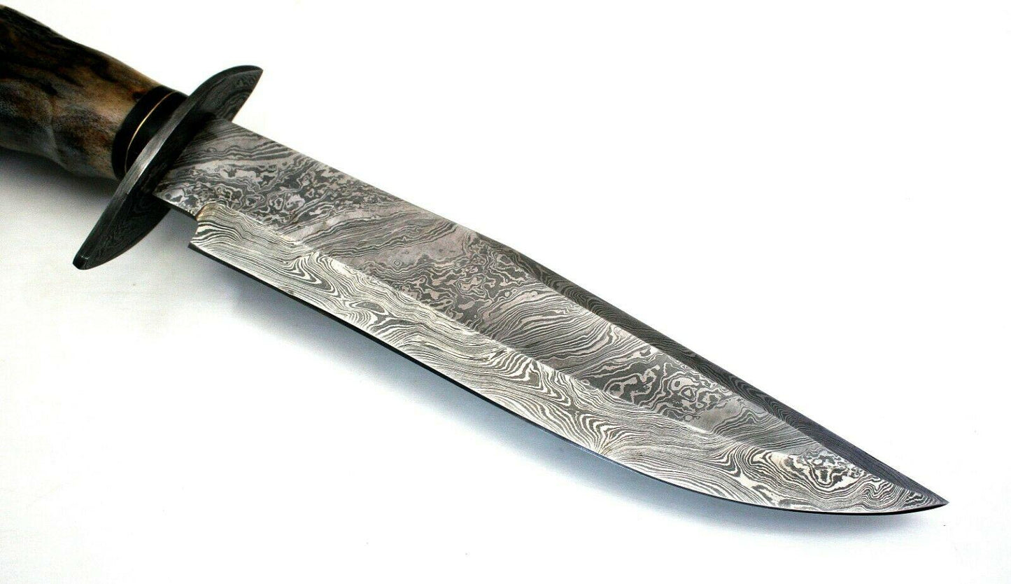 15.6" Damascus Steel Bowie Knife – Stag Horn Handle with Leather Sheath