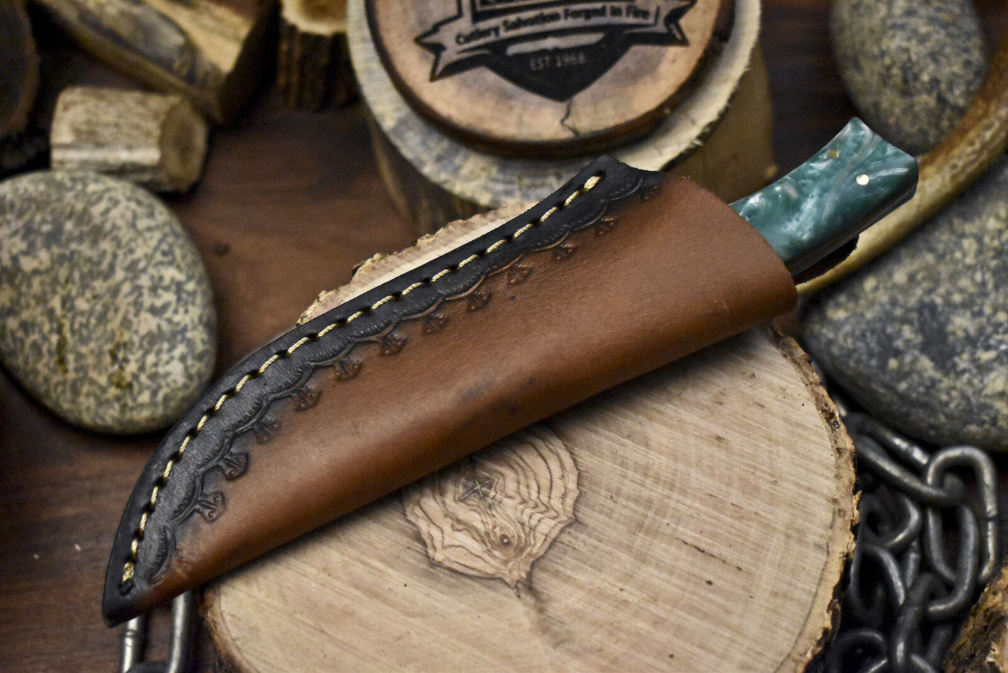 Custom Twist Damascus Skinner Knife with Corian Handle and Brass Guard – 8 Inch Hunting Knife