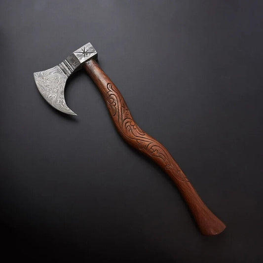 Damascus Steel Viking Axe | Custom Handmade Gift Axe with Rose Wood Handle and Leather Sheath