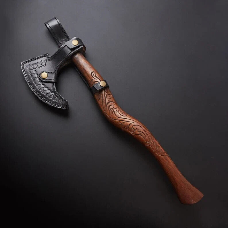 Damascus Steel Viking Axe | Custom Handmade Gift Axe with Rose Wood Handle and Leather Sheath