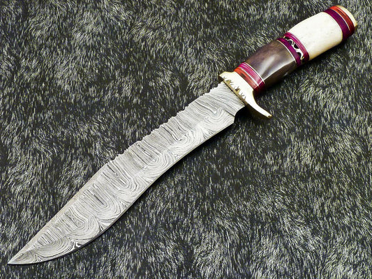 Authentic 14.5" Handmade Damascus Bowie Hunting Knife – Camel Bone Handle with Leather Sheath