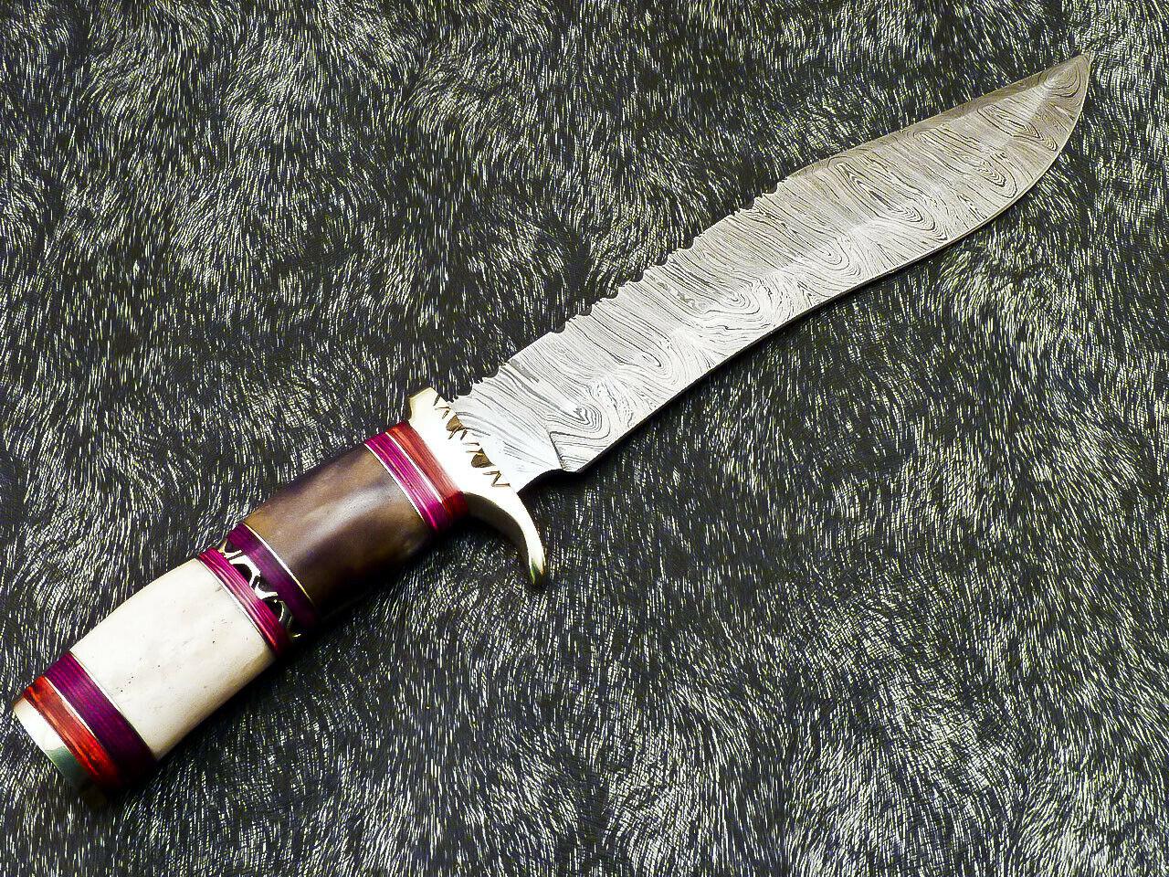 Authentic 14.5" Handmade Damascus Bowie Hunting Knife – Camel Bone Handle with Leather Sheath