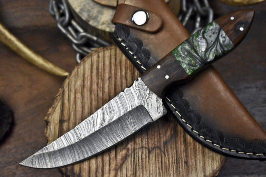 9" Twist Damascus Skinner Knife with Corian Handle and Wooden Bolster – Custom Forged for Sports & Hunting
