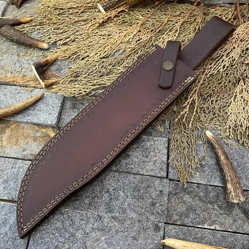 17" Custom Hand Forged D2 Steel Hunting Bowie Knife with 11" Blade & Leather Sheath