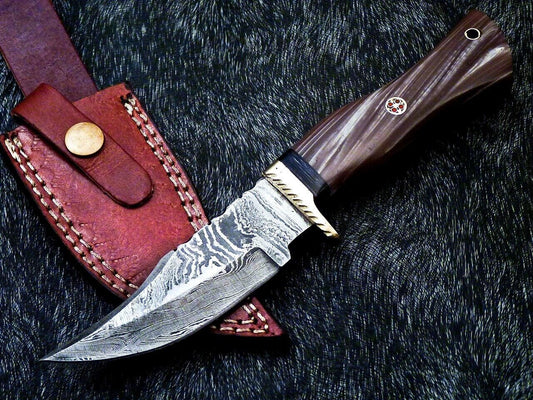 8" Custom Damascus Bowie Knife – Resin Handle with Brass Bolster