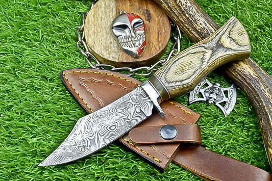 9" Premium Handmade Damascus Bowie Knife – Wood Handle & Leather Sheath
