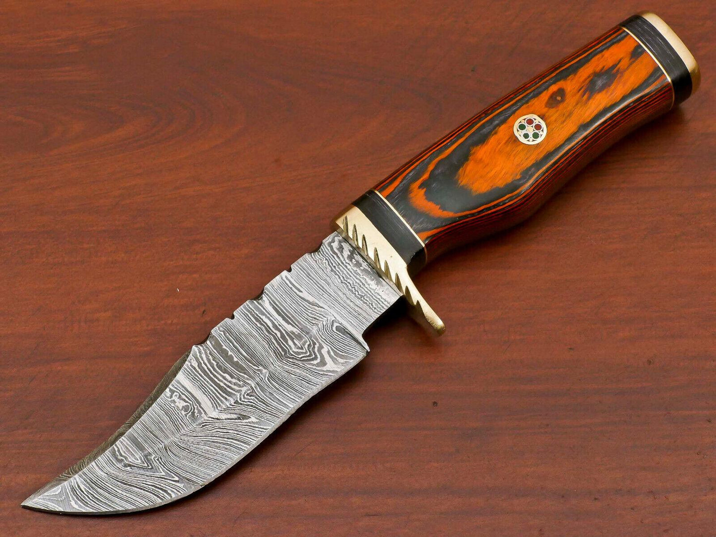 8" Damascus Bowie Hunting Knife – Pakka Wood Handle with Brass Guard