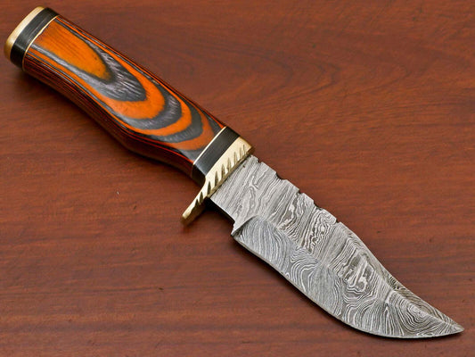 8" Damascus Bowie Hunting Knife – Pakka Wood Handle with Brass Guard