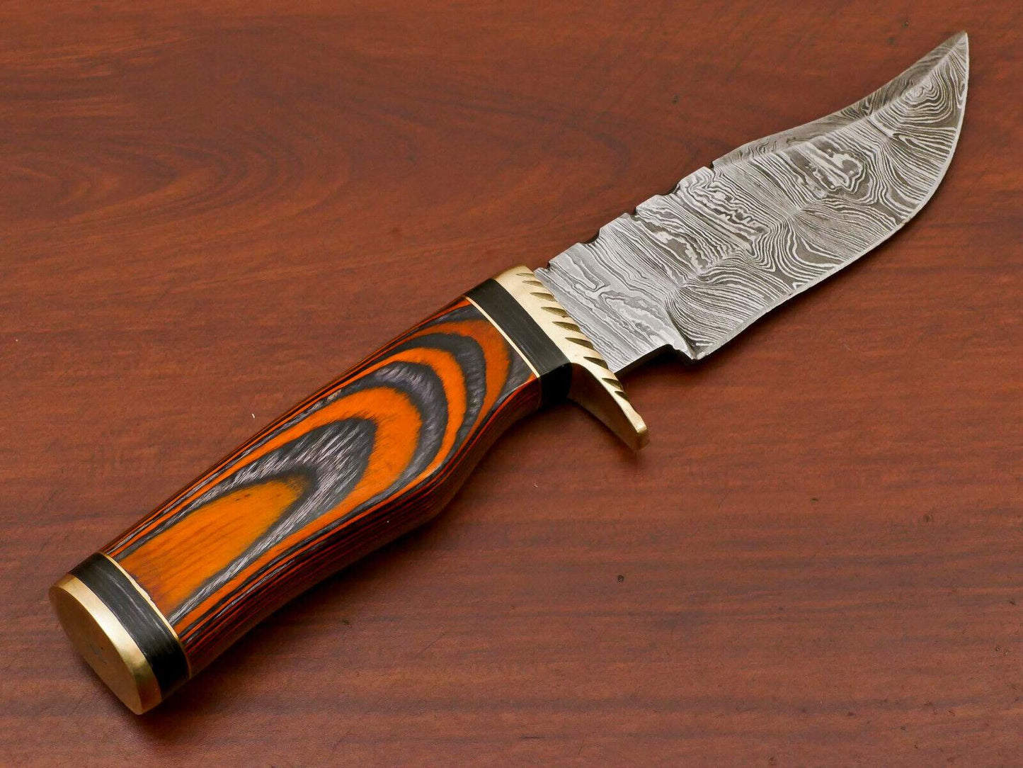 8" Damascus Bowie Hunting Knife – Pakka Wood Handle with Brass Guard
