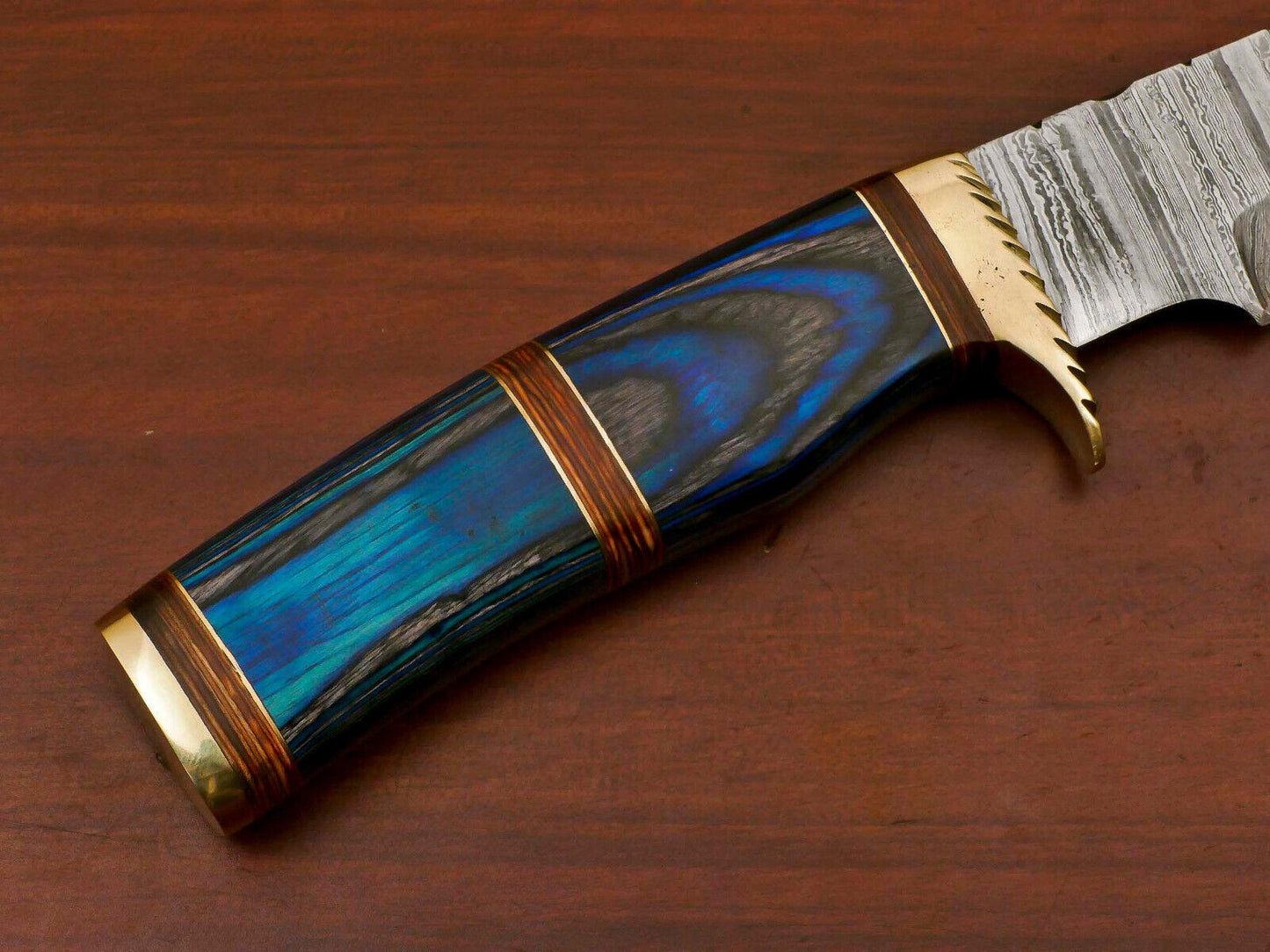 14" Damascus Steel Bowie Knife – Hardwood Handle & Brass Guard