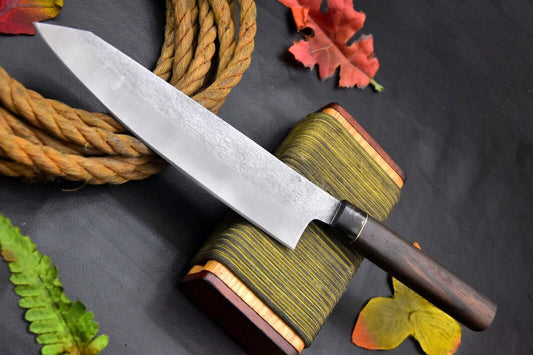 Custom Hammered Spring Steel 5160 Fixed Blade Chef Kitchen Knife with Walnut & Horn Handle
