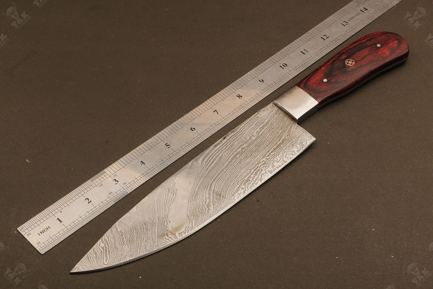 14" Hand Forged Damascus Bowie Knife Damascus Steel Knife with Wood & Camel Bone Handle