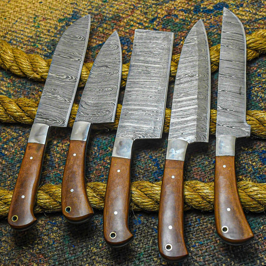 Custom Handmade Damascus Chef Knife Set | Burl Wood Handle