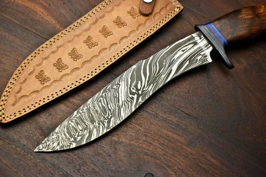 15" Custom Damascus Steel Bowie Knife – Walnut Wood Handle & Leather Sheath