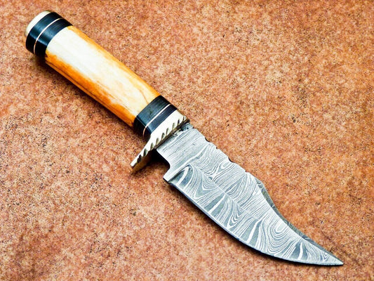 Damascus Bowie Knife – 8" Stained Camel Bone & Wood Handle