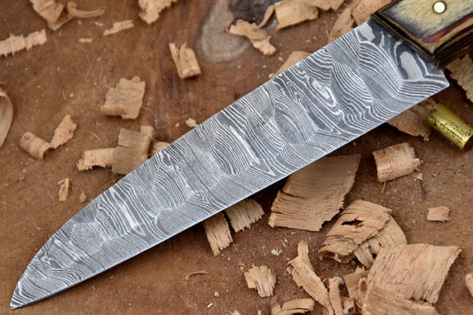 Custom Handmade Forged Damascus Steel Kitchen Chef Knife with Yellow & Red Dollar Sheet Handle
