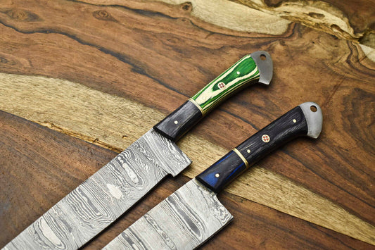 Lot Of 2 Handmade Damascus Blade Full Tang Chef Set Knife