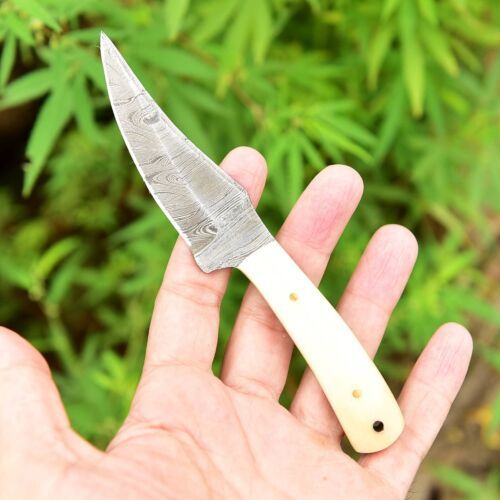 Mini Fixed Blade Damascus Skinner Knife with Camel Bone Handle and Leather Sheath