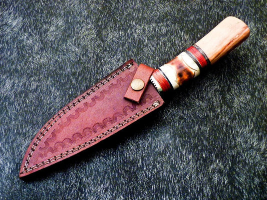 Custom Handmade Damascus Steel Hunting & Camping Bowie Knife – Bone Handle