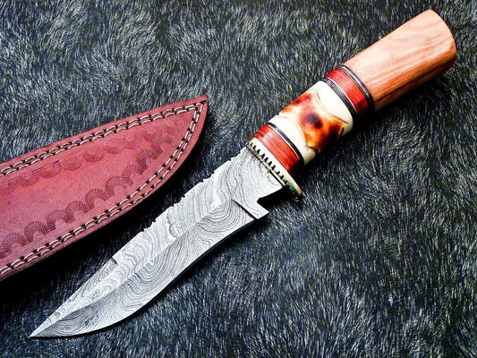 Custom Handmade Damascus Bowie Knife Damascus Steel Knife With Bone Handle & Sheath