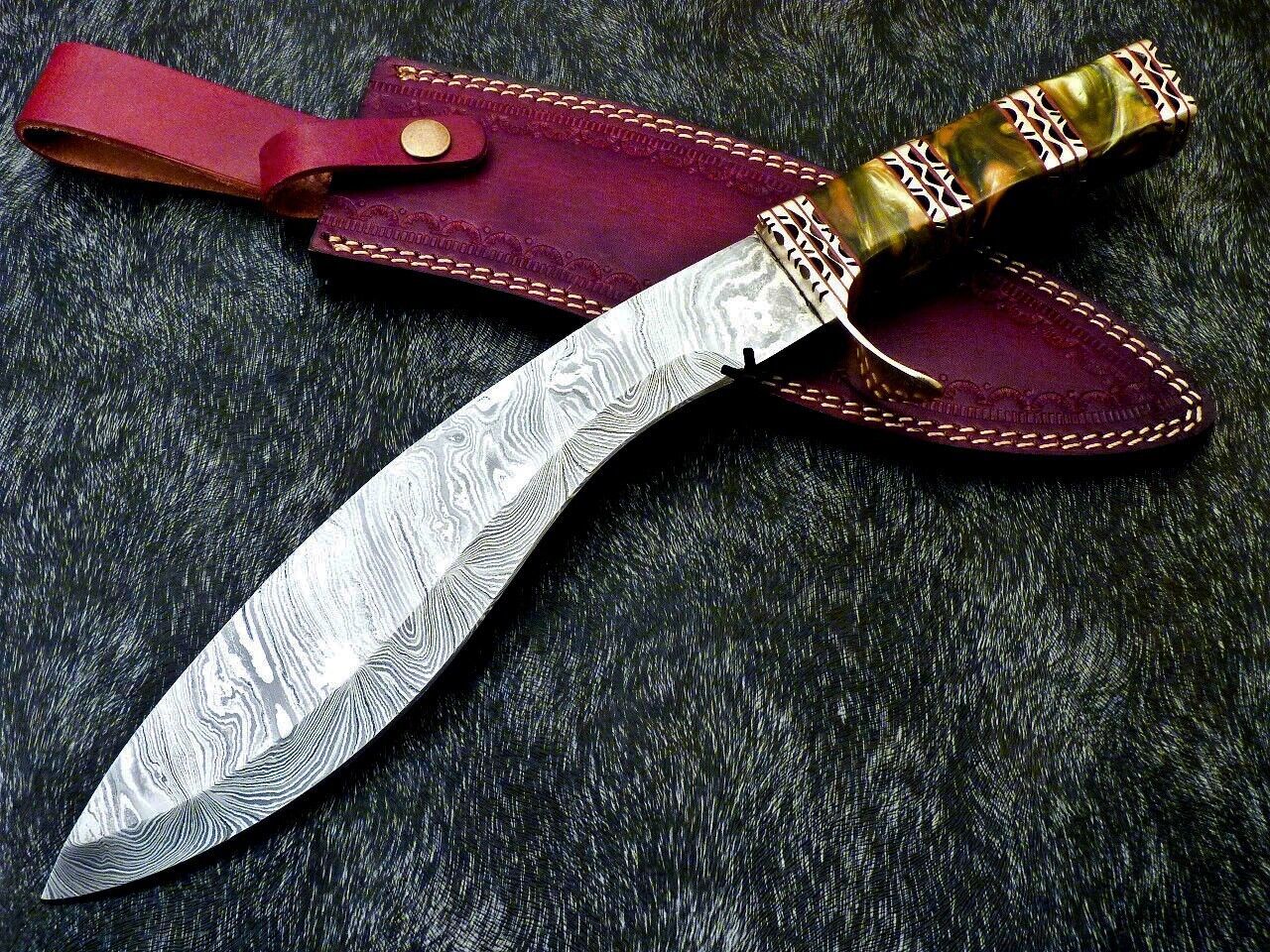 Damascus Bowie Kukri – 15" Handmade Resin Handle with Engraved Brass & Leather Sheath