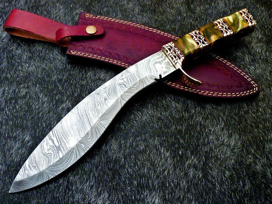 15" Damascus Kukri Hunting Knife – Resin Handle with Engraved Brass Accents