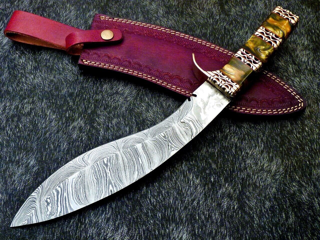 Damascus Bowie Kukri – 15" Handmade Resin Handle with Engraved Brass & Leather Sheath