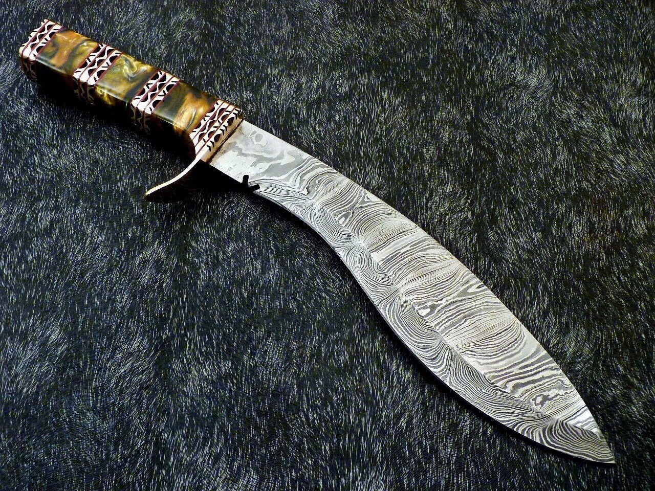 15" Damascus Kukri Hunting Knife – Resin Handle with Engraved Brass Accents
