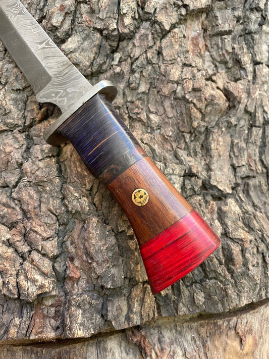 Heritage Forge Custom Forged Damascus Steel Bowie Boot Hunting Knife with Wood Handle