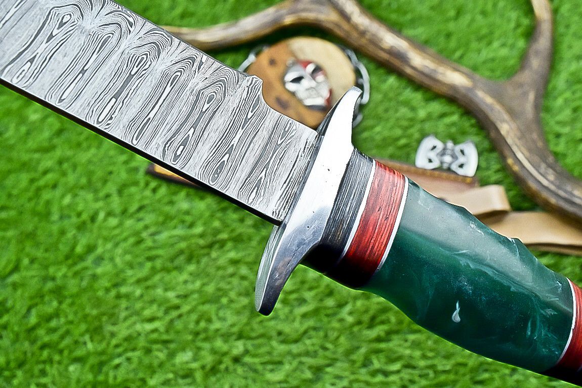 14" Handmade Damascus Steel Bowie Knife – Resin Handle & Leather Sheath