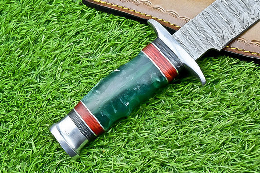 14" Handmade Damascus Steel Bowie Knife – Resin Handle & Leather Sheath