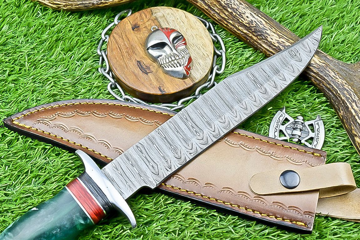 14" Handmade Damascus Steel Bowie Knife – Resin Handle & Leather Sheath