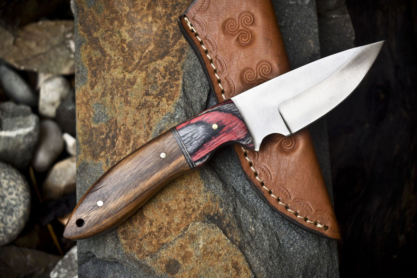 8.5" Hand Forged Skinner Knife 440C Stainless Steel Walnut Handle with Leather Sheath