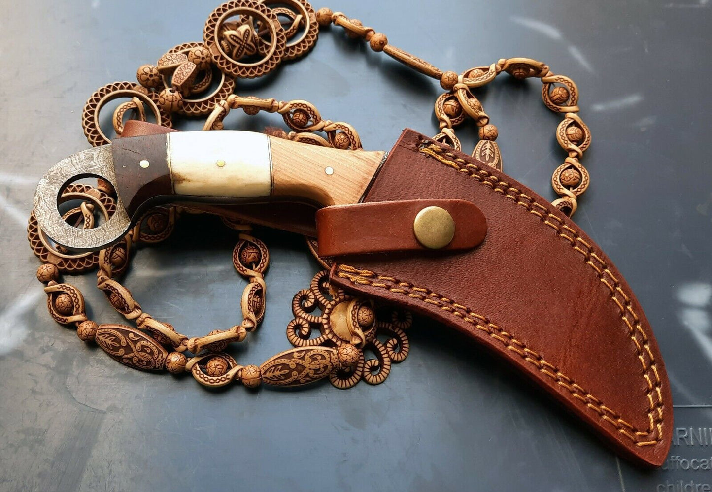 Custom Damascus Karambit Knife – 8" Handmade Hunting Blade with Wood Handle & Leather Sheath