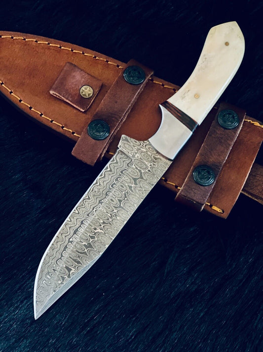 10 Inch Rain Drop Damascus Steel Bowie Knife with Camel Bone and Wood Handle