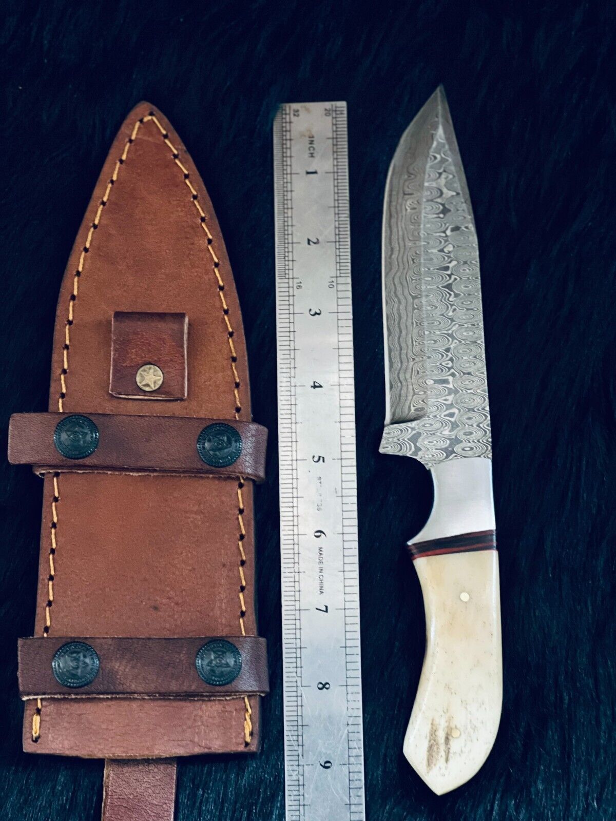 10 Inch Rain Drop Damascus Steel Bowie Knife with Camel Bone and Wood Handle