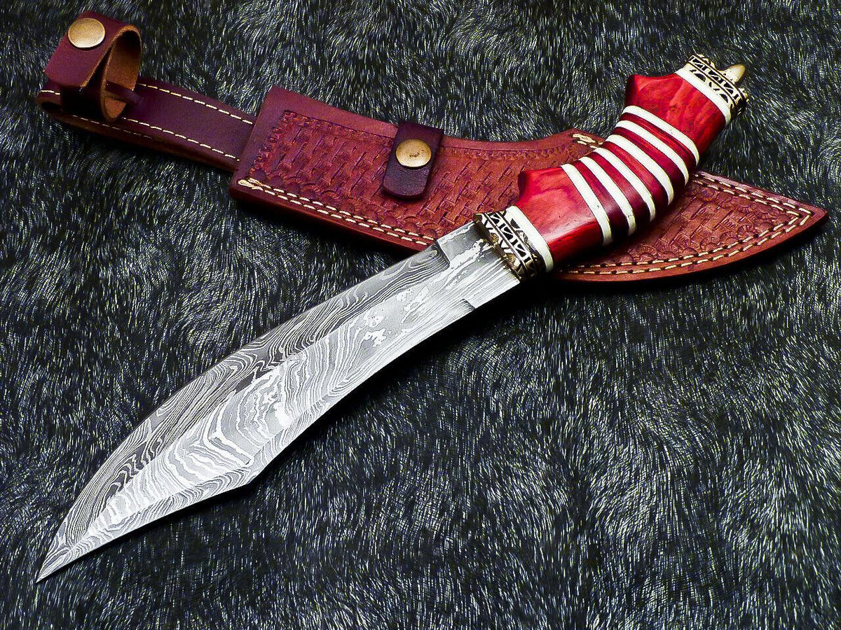 15 inch Damascus bowie knife, full view with tooled leather sheath