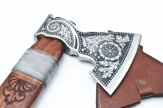 Handmade Carbon Steel Viking Throwing Axe with Carved Ashwood Handle and Leather Sheath
