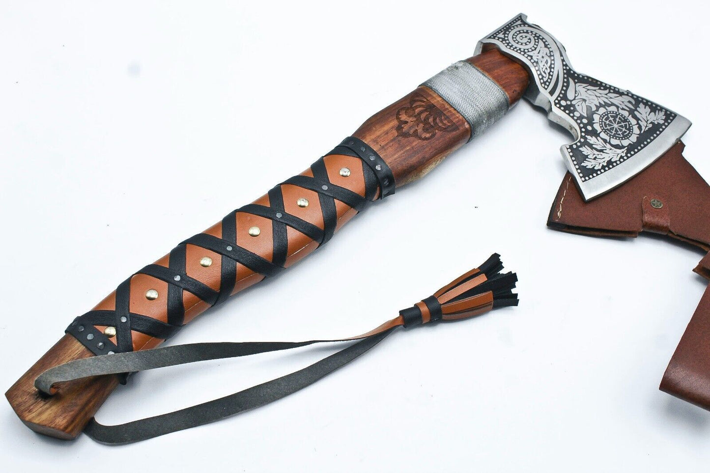 Handmade Carbon Steel Viking Throwing Axe with Carved Ashwood Handle and Leather Sheath